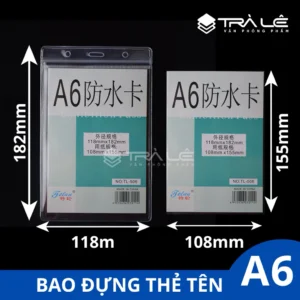 Bao đựng thẻ A6 bằng nhựa trong suốt, kích thước ngoài 118x182mm, kích thước thẻ 108x155mm. Phù hợp đựng thẻ tên, thẻ hội nghị, triển lãm, sự kiện.