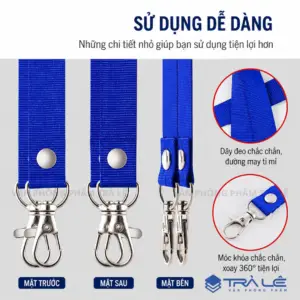 Dây đeo thẻ 2 đầu móc khóa bản 1.5cm bằng nylon cao cấp, 2 móc kim loại xoay 360°, dài khoảng 90cm, nhiều màu sắc, phù hợp thẻ nhân viên, hội nghị và sự kiện.